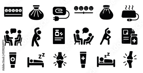 Health and wellness solid icons set – filled, exercise and medical symbols