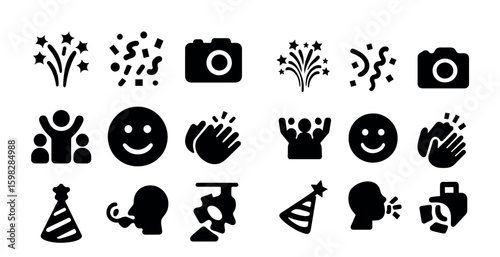 Celebration and party solid icons set – filled, event symbols, festive graphics
