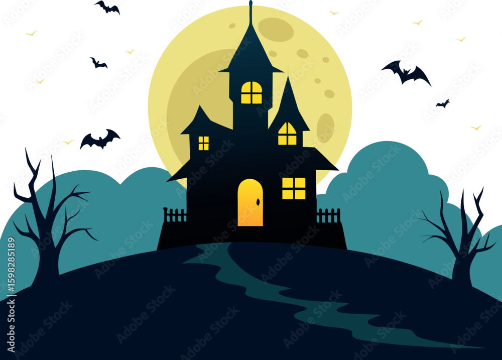 Fototapeta premium A Spooky Haunted House Vector Design Featuring a Grassy Knoll Perfect for Halloween and Horror Themes on white