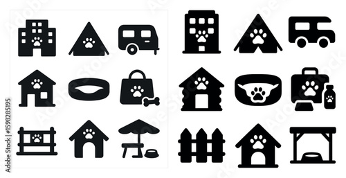 Pet care and adoption silhouette icons set – solid, filled, animal symbols