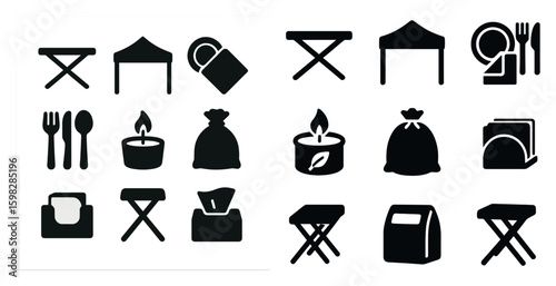 Camping and outdoor solid icons set – filled, silhouette, backpacking symbols