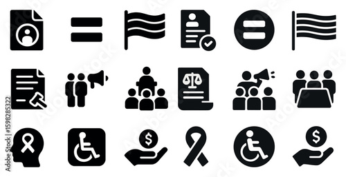 Legal and justice solid icons set – silhouette, filled, court and law symbols