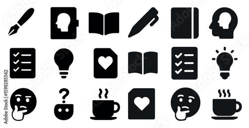 Education and learning solid icons set – silhouette, school, teaching symbols collection