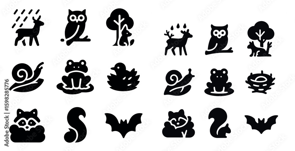Fototapeta premium Animal nature solid icons set – outline, wildlife and forest creature symbols