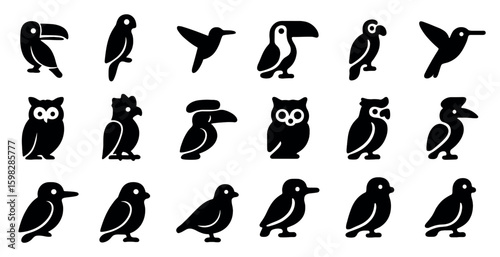 Bird watching silhouette icons set – flat, outline, avian and natural symbols