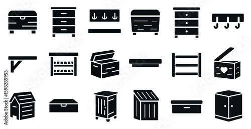 Furniture and storage silhouette icons set – solid, filled, organization symbols