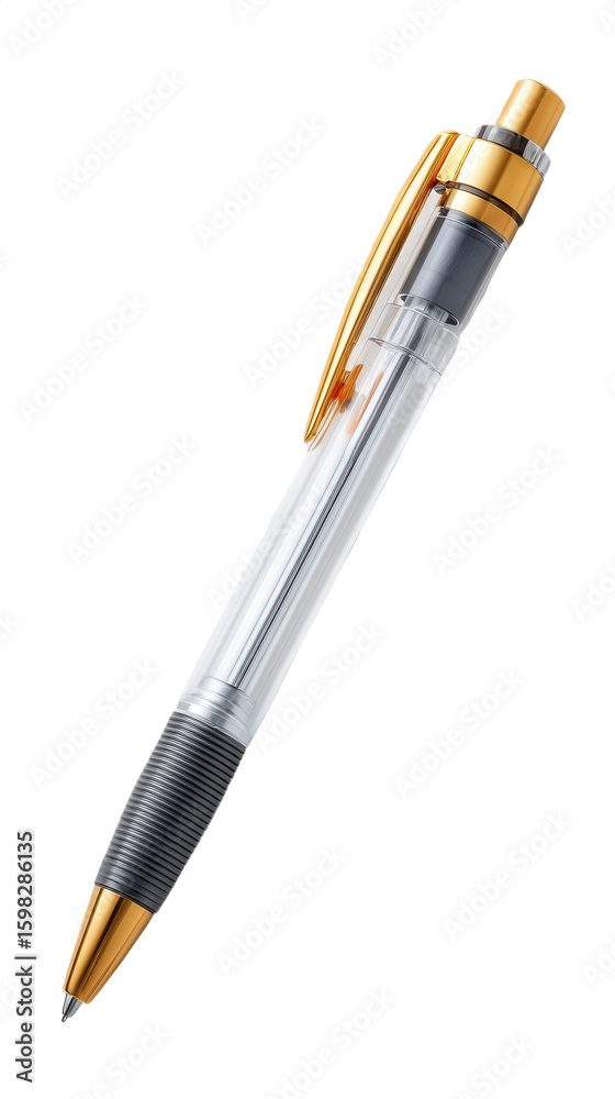 Naklejka premium A sleek ballpoint pen with gold accents and a transparent barrel showcasing its internal ink mechanism.