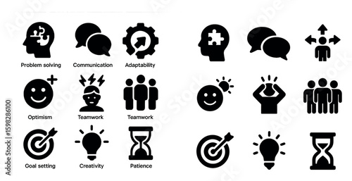 Teamwork and collaboration icons set – solid, filled, communication and problem-solving symbols