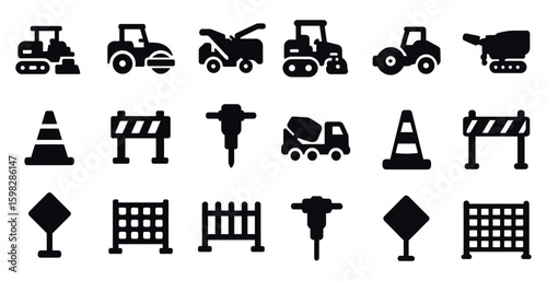 Construction and machinery silhouette icons set – solid, bold, industrial symbols