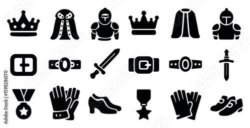 Medieval and fantasy solid icons set – filled, armor, and warrior symbols