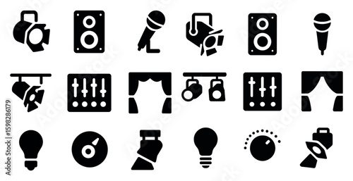Audio and music filled icons set – solid, sound, microphone and speaker symbols