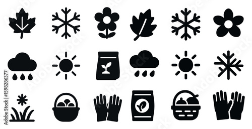 Gardening solid icons set – flat, filled, horticulture and plant care symbols
