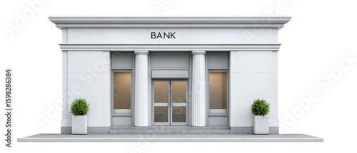 A white classical bank building facade with two large columns, double glass doors, and two potted green plants flanking the entrance.