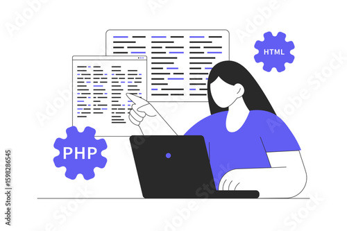 Programmer working. Woman programming software at screens, engineering and developing programs, coding applications and scripts. Flat Cartoon Vector Illustration, icon. Stylish abstract design landing