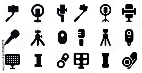 Photography equipment icons set in solid style – camera, tripod, gadget symbols