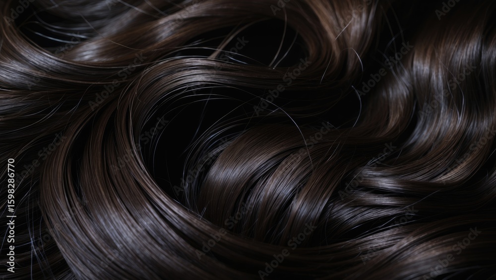 Naklejka premium Close-up of smooth, shiny brown hair with natural waves. Hair texture and beauty. Hair care and styling. The focus on hair health and aesthetics.