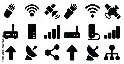 Communication and network icons set – solid, filled, wireless and connectivity symbols