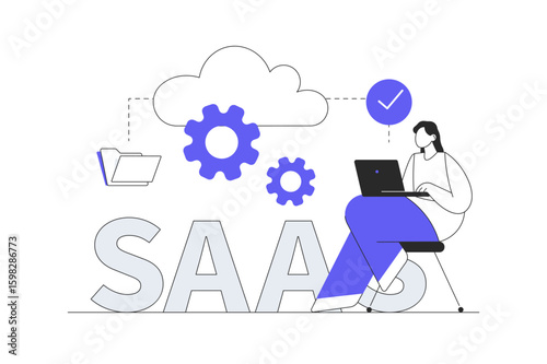 SaaS web concept. Woman using software as service with online subscription, working with program and cloud technology. Flat Cartoon Vector Illustration, icon. Stylish abstract design landing page