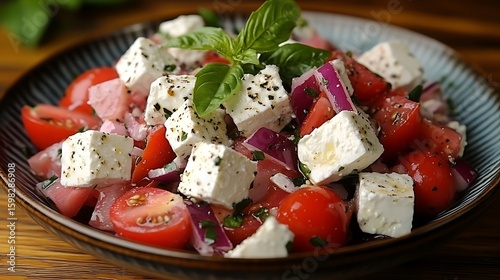 Fresh, flavorful salad with tomatoes, feta cheese, and red onion.