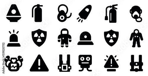 Safety and security solid icons set – filled, alarm, emergency symbols for protection