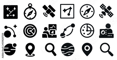 Space and navigation silhouette icons set – filled, solid, exploration, gps symbols