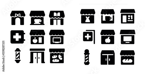 Retail and shopping icons set – solid, filled store and market symbols