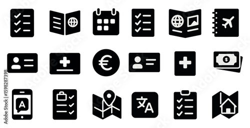 Travel and tourism solid icons set – filled, checklists, passports, planning tools