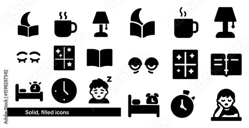 Sleep and relaxation icons set – solid, filled, bedtime and rest symbols