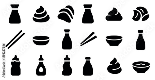 Asian cuisine solid icons set – filled, flat, food and chopsticks symbols