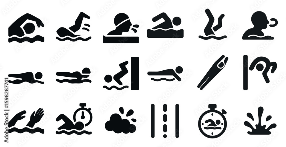 Obraz premium Swimming and water sports icons set - silhouette, solid, aquatic and exercise symbols