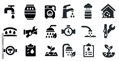 Water conservation solid icons set – filled, silhouette, eco-friendly symbols
