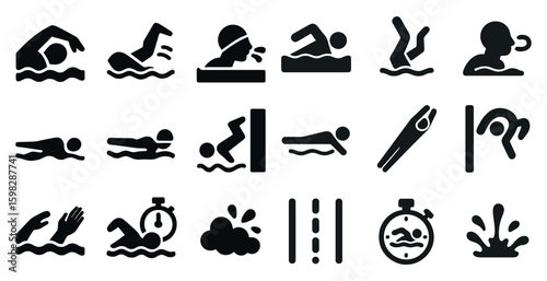 Swimming and water sports icons set - silhouette, solid, aquatic and exercise symbols