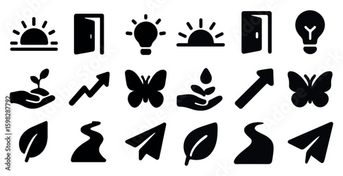 Nature and growth solid icons set – silhouette, filled environment symbols