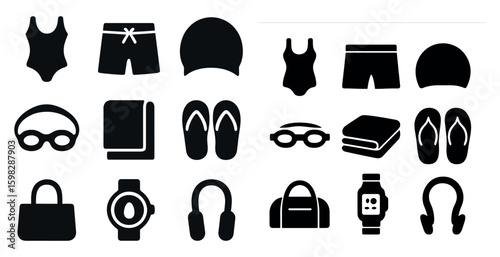 Swimming and beach solid icons set – silhouette, pool, recreation symbols
