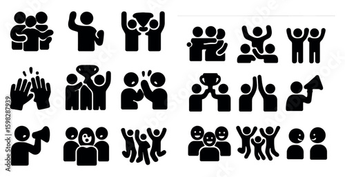 Teamwork and collaboration silhouette icons set – filled, solid, group dynamics