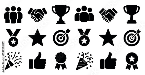 Business and achievement icons set – solid, silhouette, success and award symbols