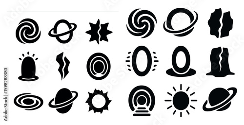 Space and galaxy icons set – silhouette, filled, cosmic and astronomy symbols