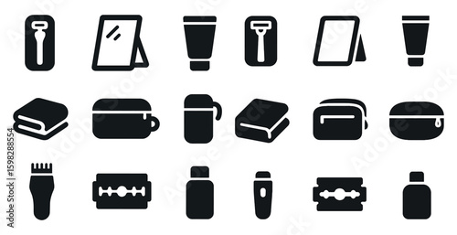 Bathroom essentials solid icons set – hygiene, grooming, personal care symbols