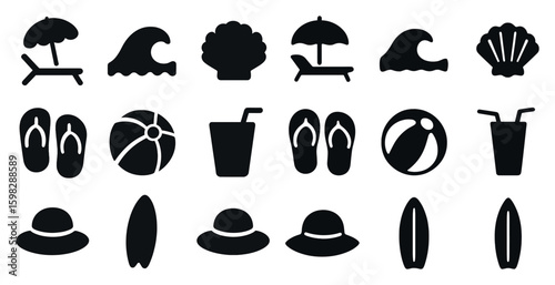 Beach essentials silhouette icons set – black, flat, summer and holiday symbols