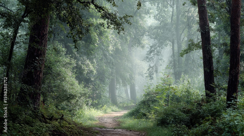 Obraz premium A serene forest path leading through lush greenery and mist, inviting peaceful exploration and tranquility.