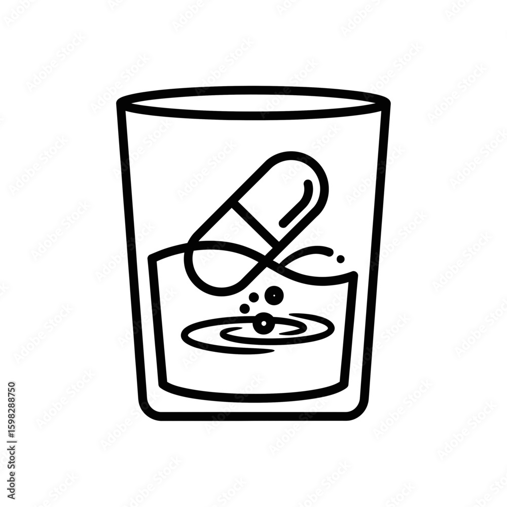 Pharmaceutical research icon featuring a capsule in a glass of liquid Pharmaceutical research icon featuring a capsule in a glass of liquid