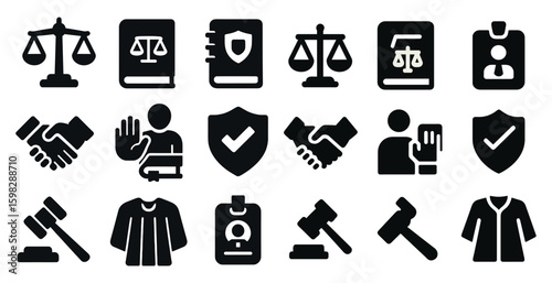 Justice and law solid icons set – filled, legal, court symbols