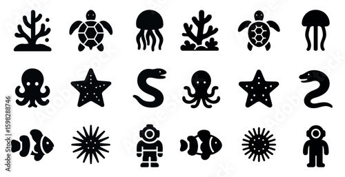 Marine life silhouette icons set – underwater, ocean, aquatic animal symbols