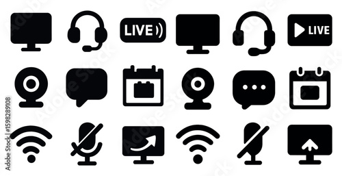 Communication and media solid icons set – filled, online, broadcast symbols
