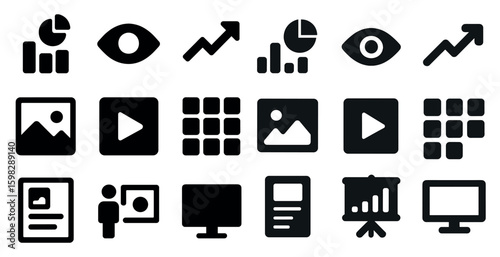 Business and analytics solid icons set – professional, filled, data symbols