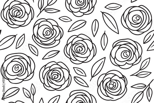 Black and white sketchy rose floral pattern drawing