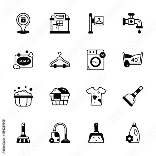 Get this modern bundle of laundry and housekeeping glyph icons