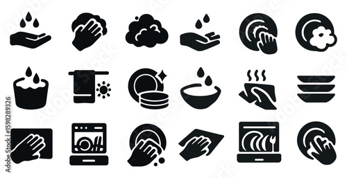 Handwashing solid icons set – hygiene, cleaning, sanitation symbols