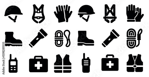 Safety equipment solid icons set – flat, protective gear and hazard symbols