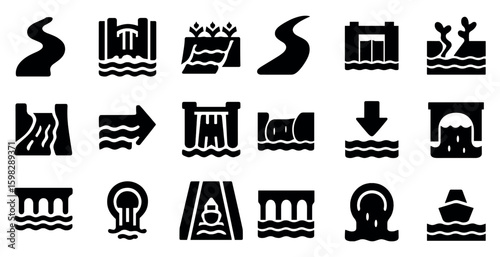 Water and hydrodynamics solid icons set – filled, aquatic, fluid flow symbols